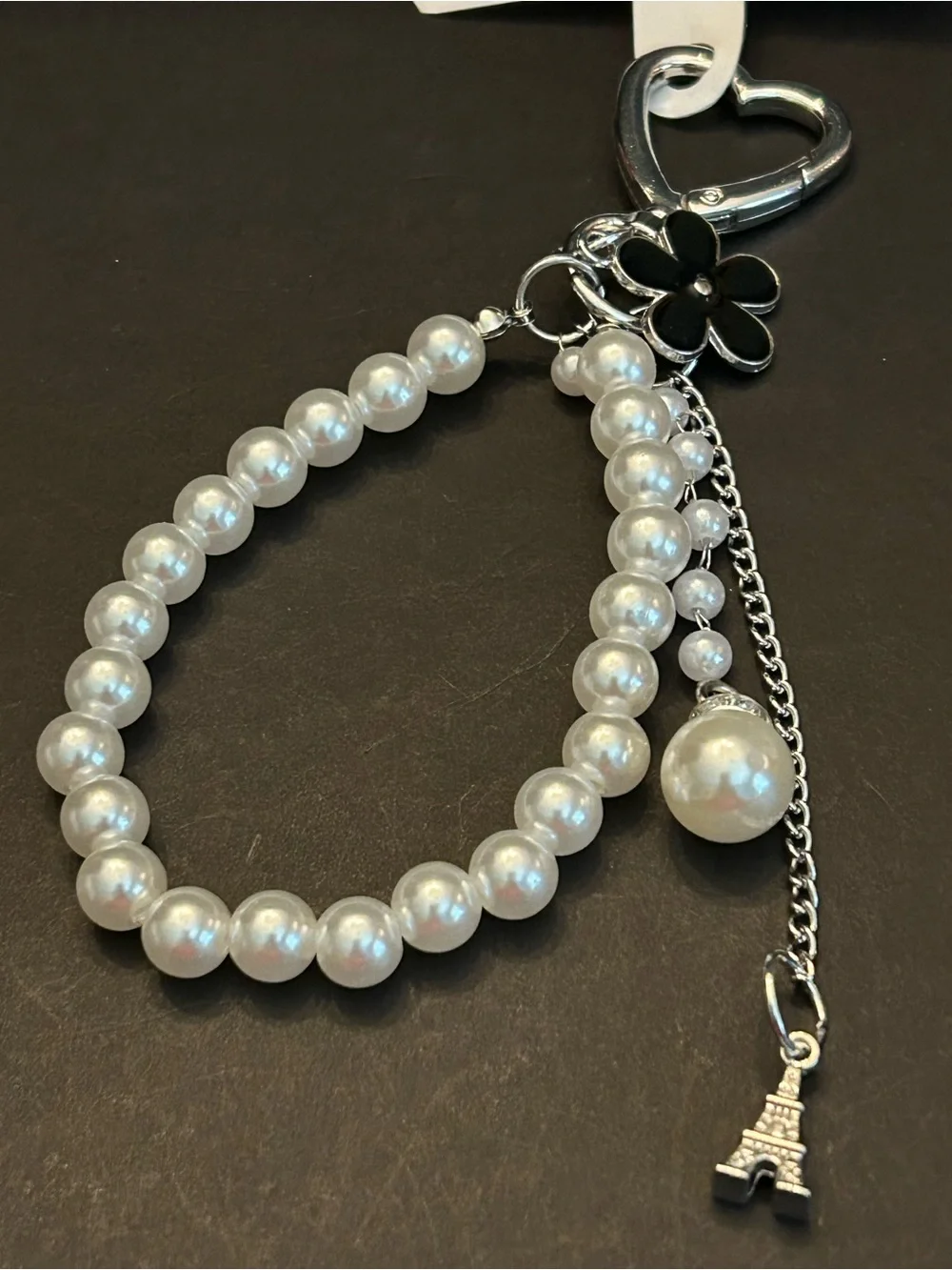 Silver or Gold w/Colored Enamel Flower Faux Pearl Wristlet Keychain Bag Charm